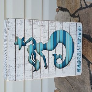 Mermaid Kisses Starfish Wishes Wood Wall Hanging Decor Box Picture Blue White